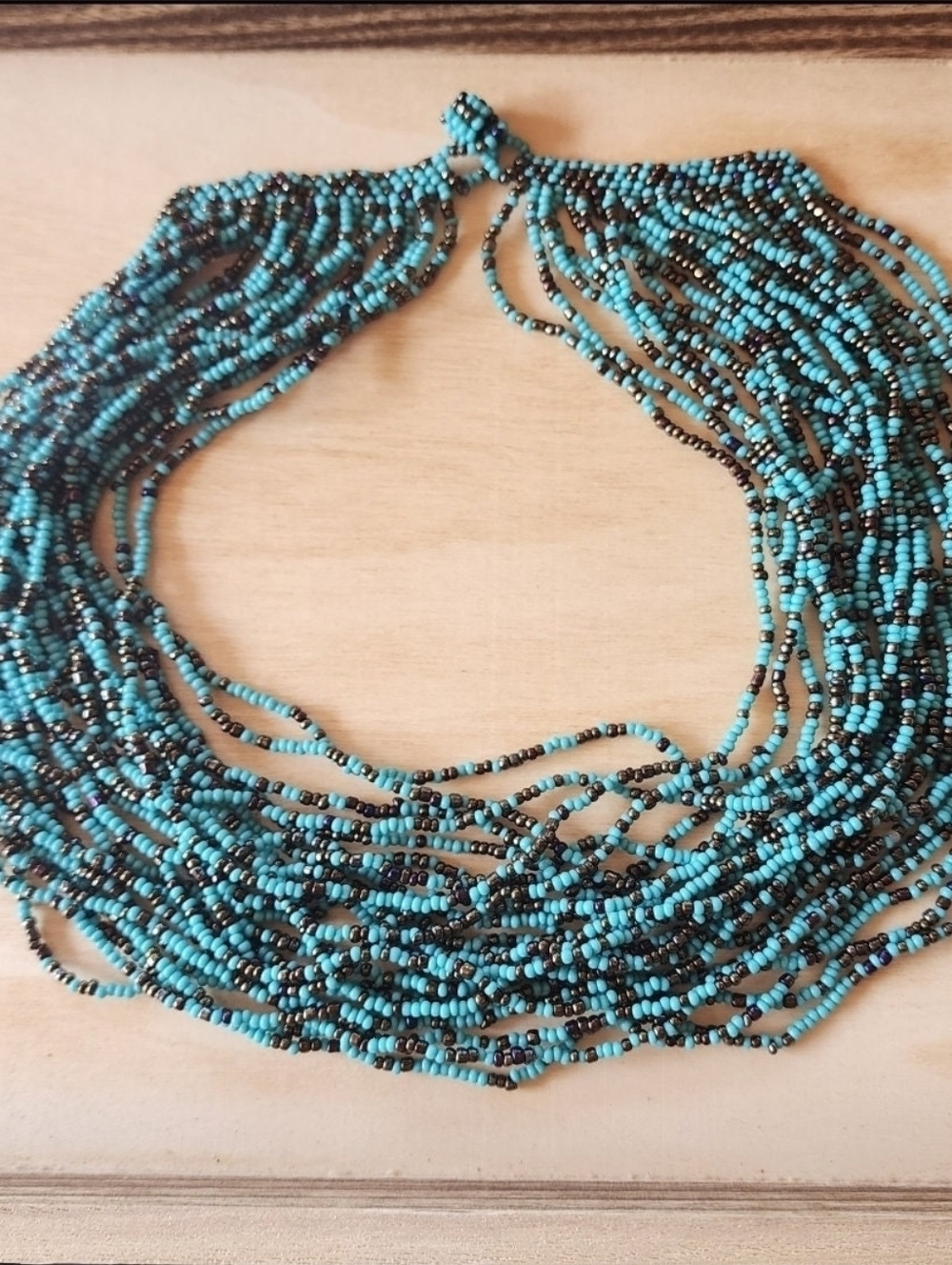 Stunning Statement Turquoise & Metallic Black Glass Seed Bead Choker Necklace